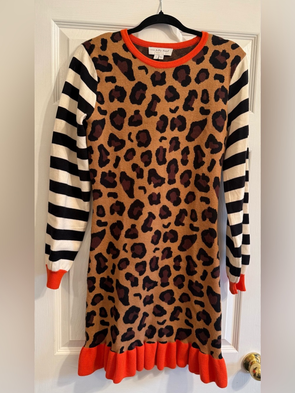NEVER FULLY DRESSED Leopard Long Sleeve Dress with Stripe Sleeves
